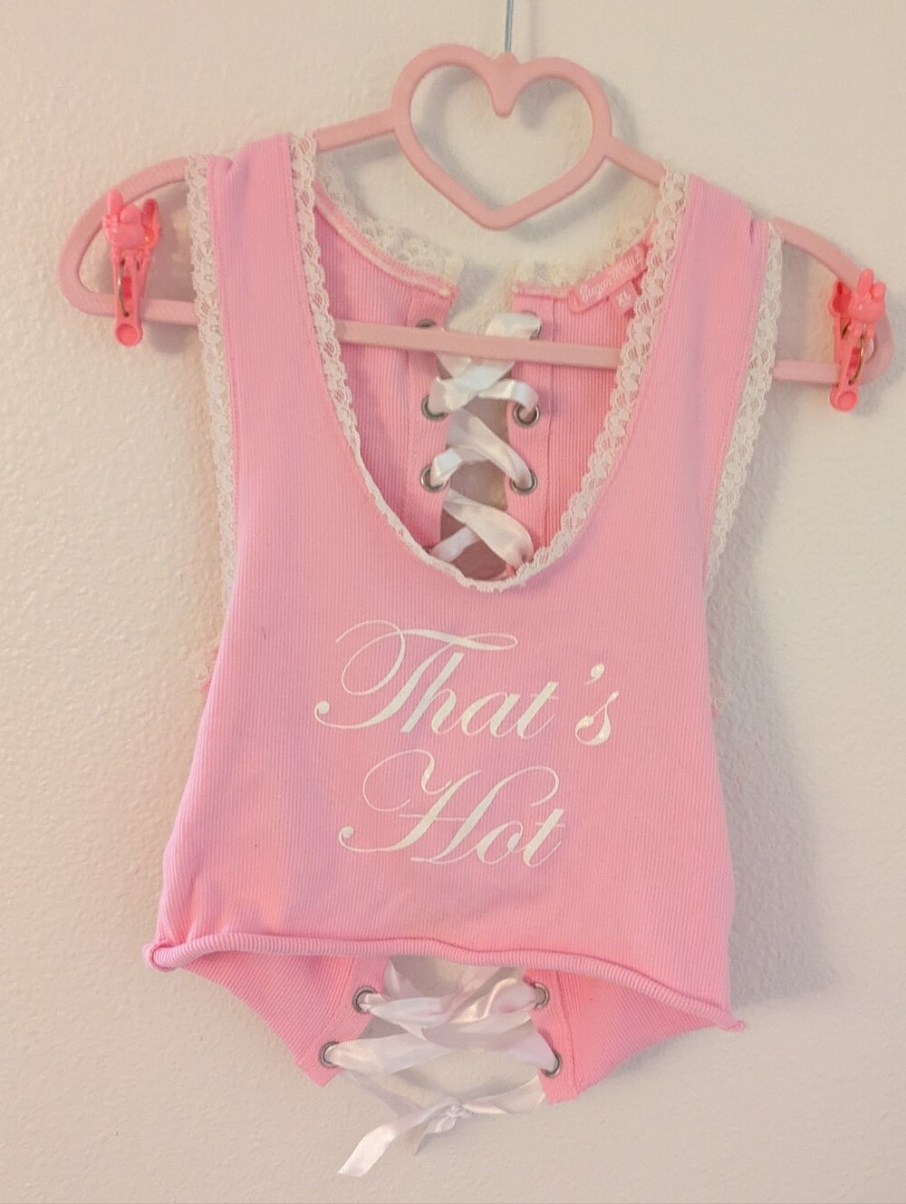 Dolls kill Pink "That's Hot" Ribbon Lace Up Back Corset Crop Tank Top Size XL